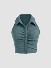 Solid Texture Collar Crop Top