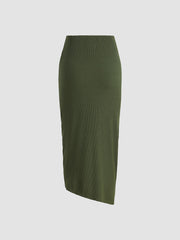 Rib Solid Ruched Slit Midi Skirt