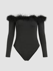 Solid Off-shoulder Fluffy Knitted Bodysuit