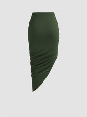 Solid Ruched Asymmetrical Hem Skirt