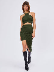 Solid Ruched Asymmetrical Hem Skirt