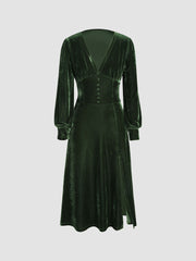Velvet Solid V-neck Split Midi Dress With Mini Balls