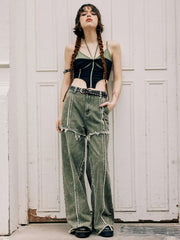 Solid Raw Hem Stitch Jeans