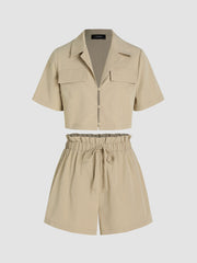Button Up Crop Shirt & Elastic Waist Shorts Set