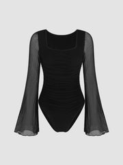 Solid Mesh Bell Sleeve Ruched Bodysuit