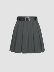 Solid Pleated Mini Skirt With Belt