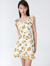 Lemon Print Ruffle Hem Tie Shoulder Mini Dress