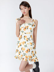 Lemon Print Ruffle Hem Tie Shoulder Mini Dress