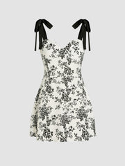 Floral V-neck Knotted Mini Dress