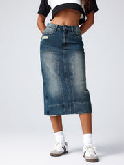 Denim Patchy Split Maxi Skirt