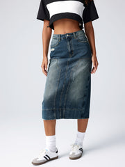Denim Patchy Split Maxi Skirt
