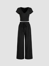 V-neck Short Sleeve Crop Tee & Knotted Wide Leg Pants Set