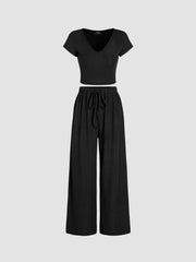 V-neck Short Sleeve Crop Tee & Knotted Wide Leg Pants Set