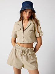Button Up Crop Shirt & Elastic Waist Shorts Set