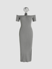 Knit Rosette Split Off-shoulder Midi Dress