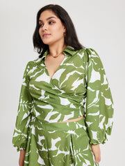 Collar Floral Knotted Long Sleeve Top Curve & Plus