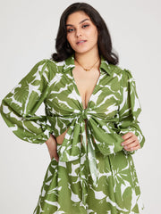 Collar Floral Knotted Long Sleeve Top Curve & Plus