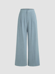 Button Elastic Waist Wide Leg Trousers