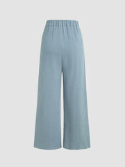 Button Elastic Waist Wide Leg Trousers