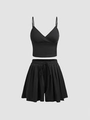 Knit V-neck Crop Top & Knotted Shorts Set