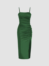 Solid Satin Ruched Split Midi Cami Dress