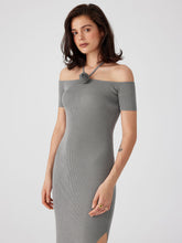 Knit Rosette Split Off-shoulder Midi Dress