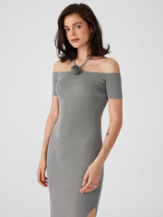 Knit Rosette Split Off-shoulder Midi Dress