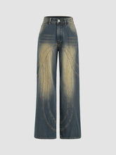Mid Waist Washed Button Straight Leg Jeans