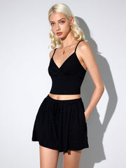 Knit V-neck Crop Top & Knotted Shorts Set