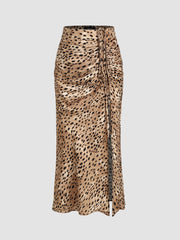 Spot Leopard Print Drawstring Split Maxi Skirt