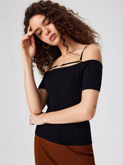 Wool-blend Off-shoulder Knitted Short Sleeve Crop Top