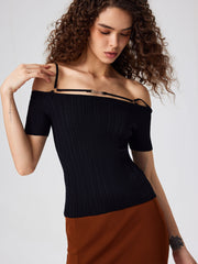 Wool-blend Off-shoulder Knitted Short Sleeve Crop Top