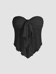 Floral Tie Front Tube Top & Low Rise Lace Floral Layered Ruffle Hem Mini Skirt