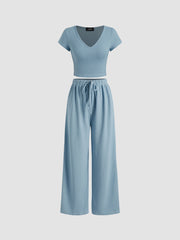 V-neck Short Sleeve Crop Tee & Knotted Wide Leg Pants Set