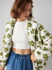 Zip Front Floral Sherpa Fleece Jacket