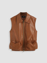 Faux Leather Collar Solid Pocket Zipper Jacket Vest