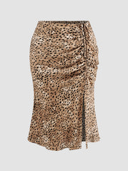 Spot Leopard Print Drawstring Split Maxi Skirt Curve & Plus