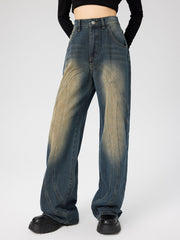 Mid Waist Washed Button Straight Leg Jeans
