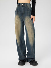 Mid Waist Washed Button Straight Leg Jeans