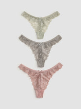 3pcs Floral Lace Mid Waist Thong