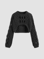 Knit Round Neckline Hollow Out Long Sleeve Crop Top&High Neck Ruched Midi Dress Set