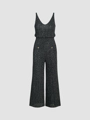 Metallic V-neck Hollow Out Button Knitted Jumpsuit