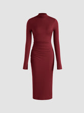High Neck Solid Ruched Midi Dress
