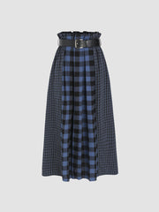 High Waist Plaid Patchy Belted Maxi Skirt
