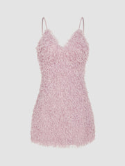 V-neck Backless Feather Mini Dress