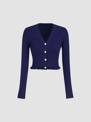 V-neck Solid Button Knitted Crop Top