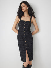 Tweed Square Neck Solid Button Midi Dress