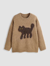 Wool-blend Round Neckline Kitten Graphic Knitted Long Sleeve Top Curve & Plus