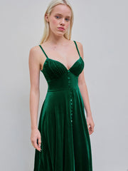 Velvet V-neck Solid Ruffle Midi Dress