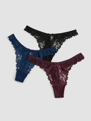 3pcs Floral Lace Mid Waist Thong